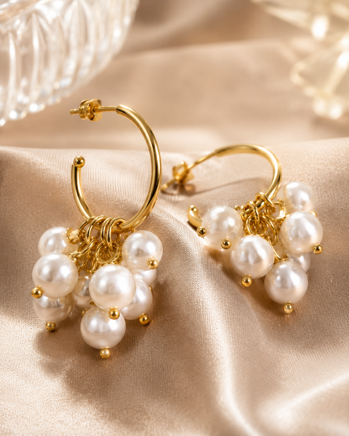 Pearl Cluster Hoop Earrings – Elegant Gold-Tone Statement Earrings