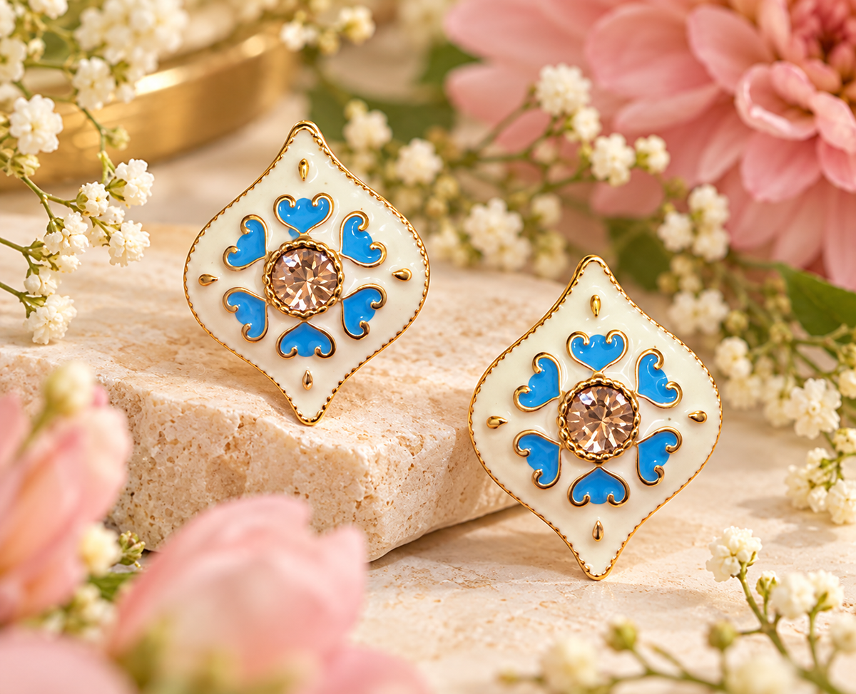 Blue Floral Enamel Crystal Stud Earrings