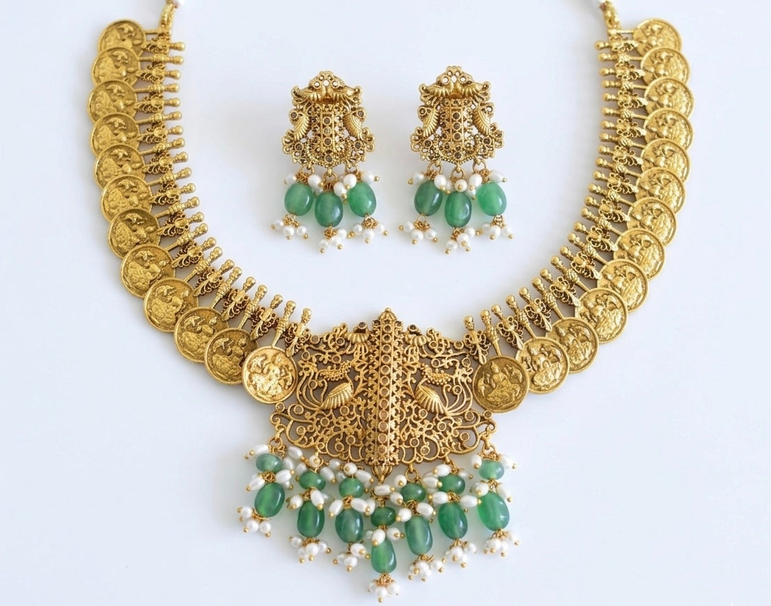 Temple Heritage: Matte Gold Silver Lakshmi Coin Necklace Set