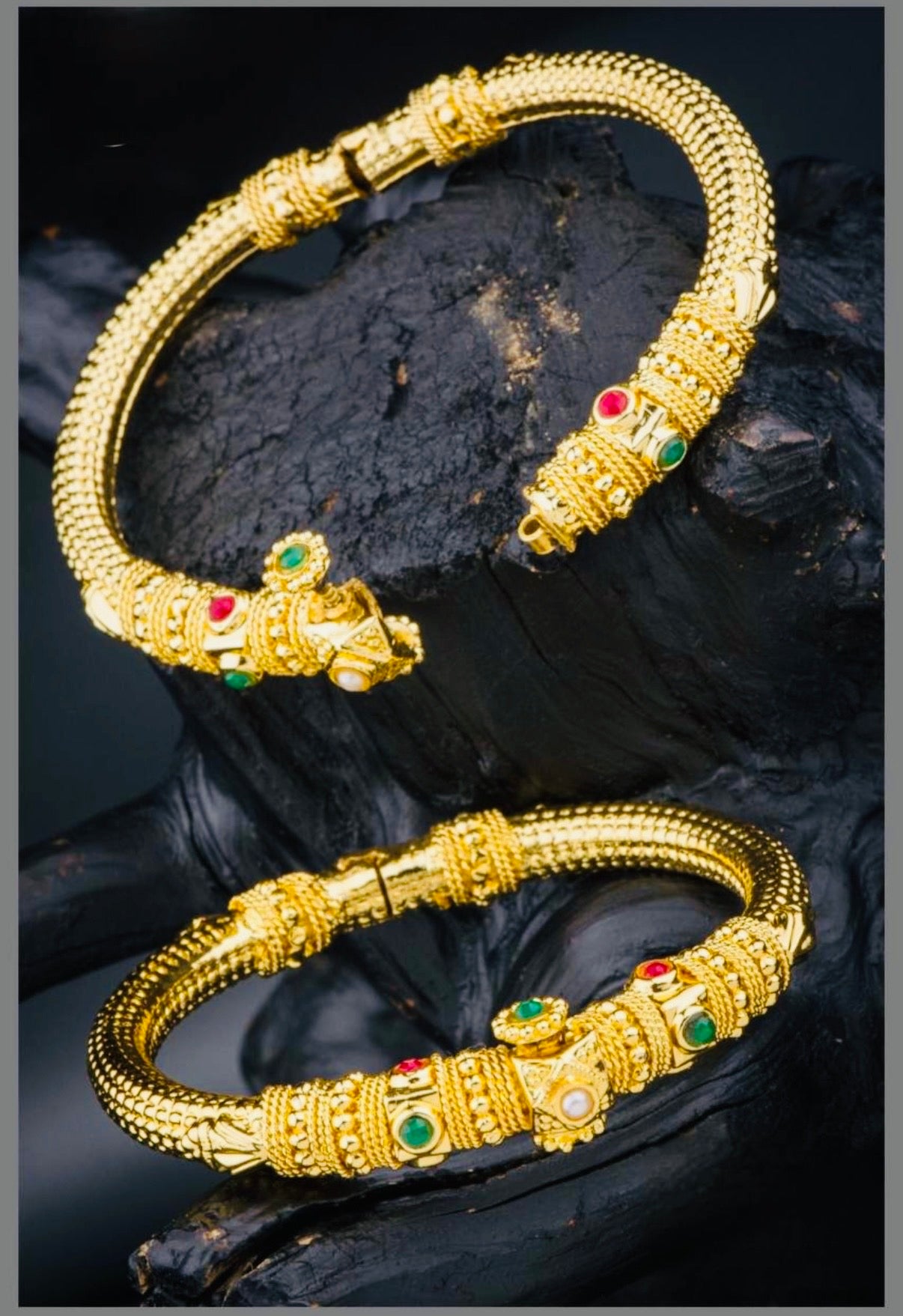 Antique Gold-Plated Navaratna Temple Kada with Intricate Filigree(1 pc)