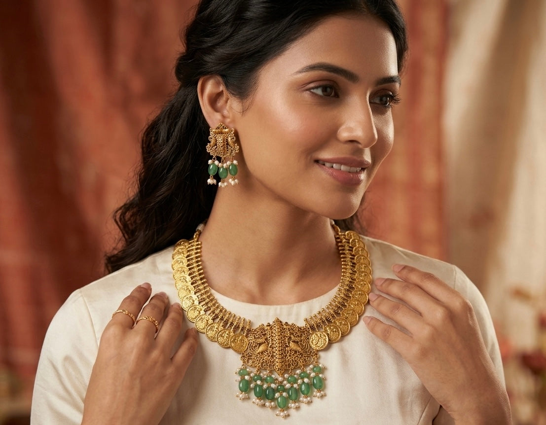 Temple Heritage: Matte Gold Silver Lakshmi Coin Necklace Set