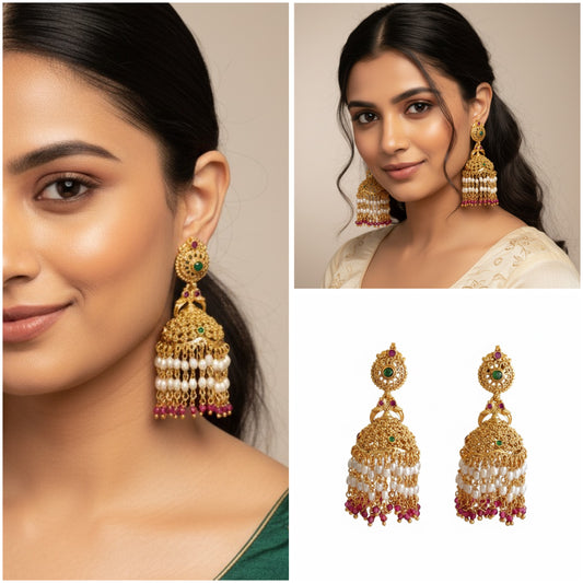 Golden Jhumka Earrings with Pearl and Gemstone Drops