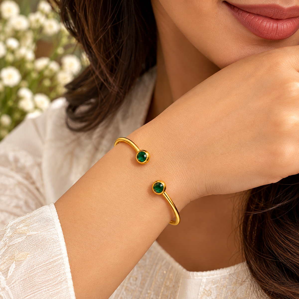 Emerald Glow Gold-Tone Open Cuff Bracelet
