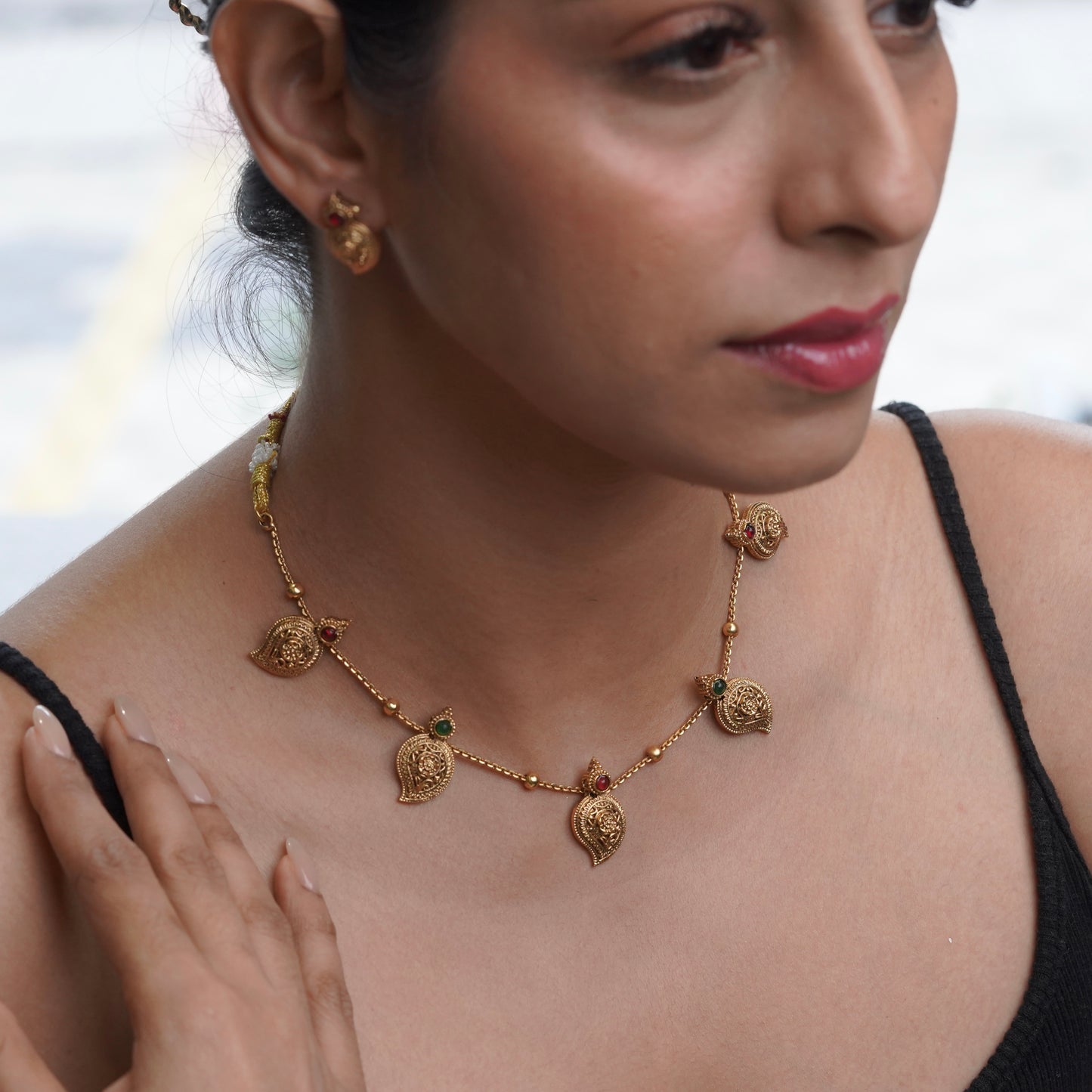 Leaf Design Ruby and Emerald Necklace Set