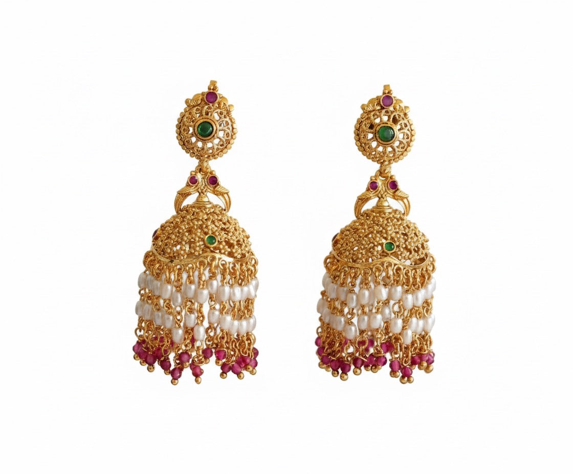 Golden Jhumka Earrings with Pearl and Gemstone Drops