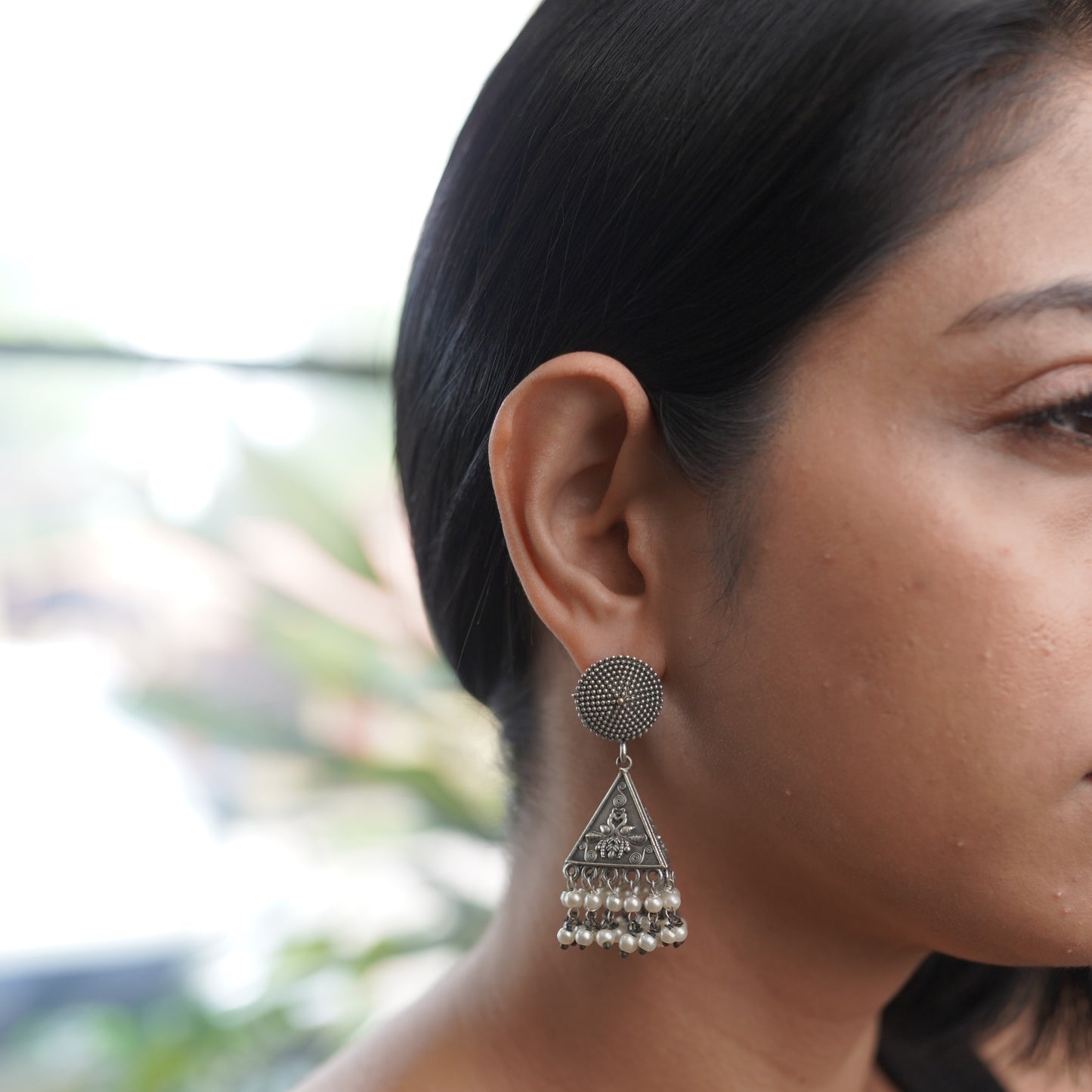 Pearl and Silver Bohemian Jhumka Earring
