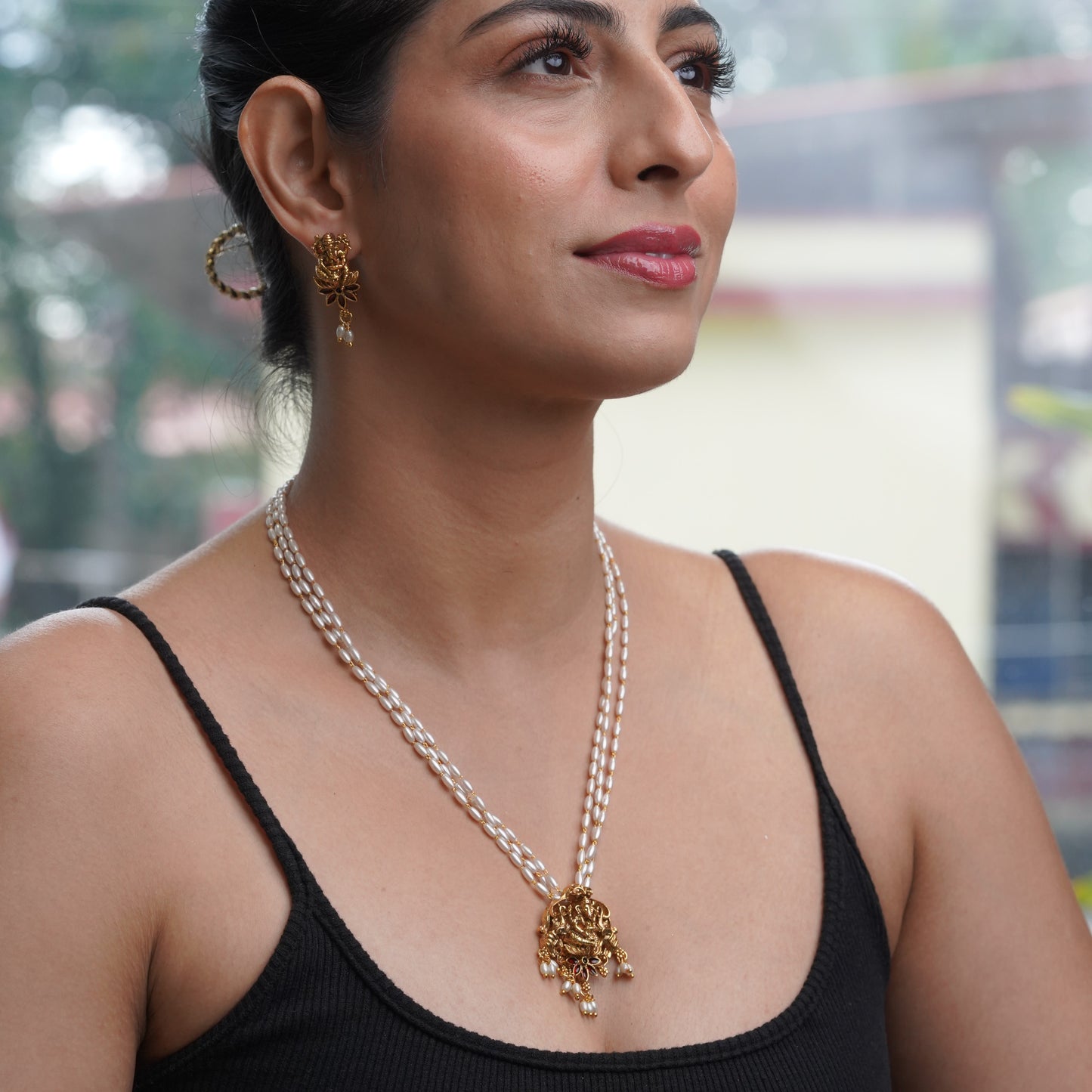 Fresh Water Rice Pearl with Ethnic Lord Ganesh Pendant Jewelry Set