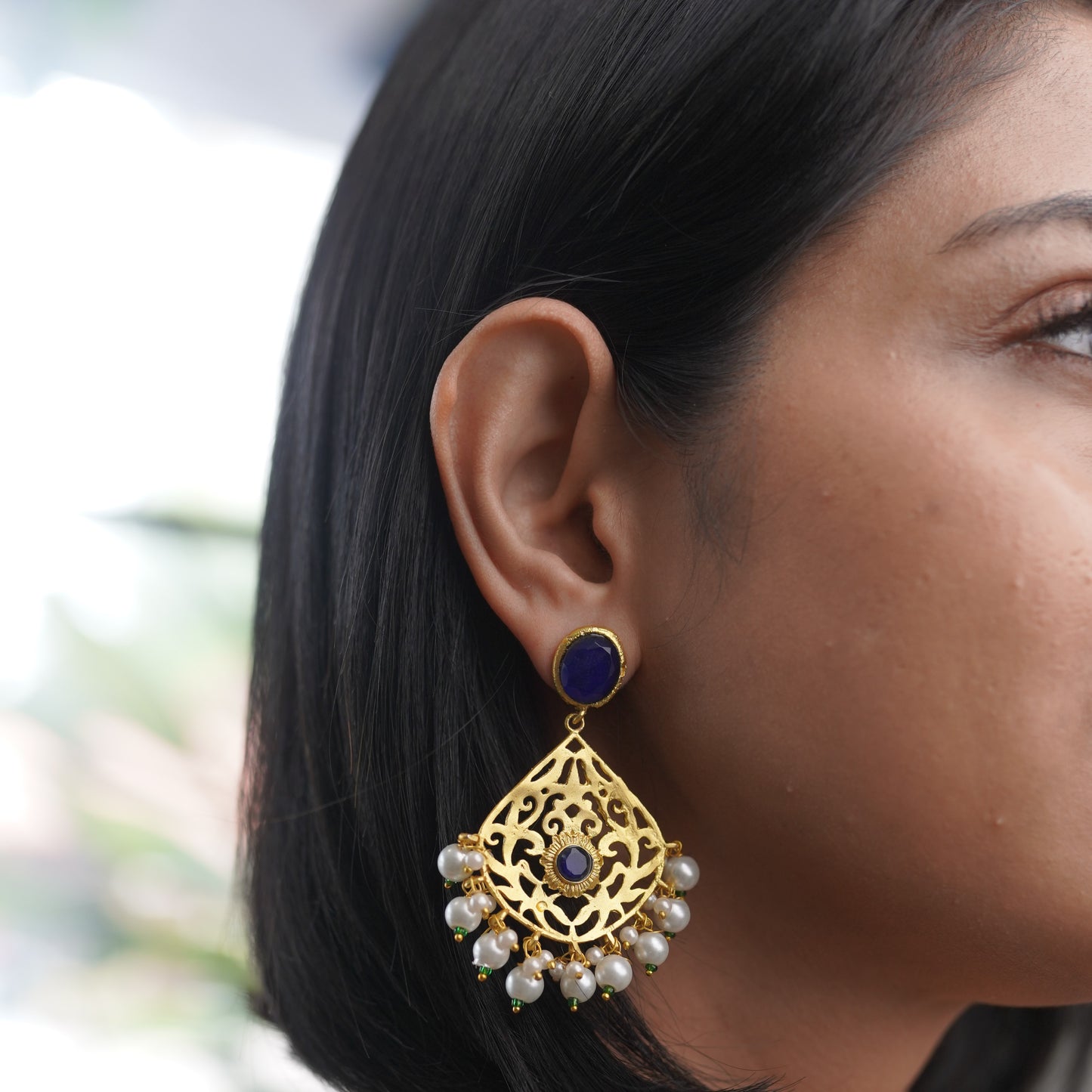 Blue Pearl Gold Fashion Statement Earring