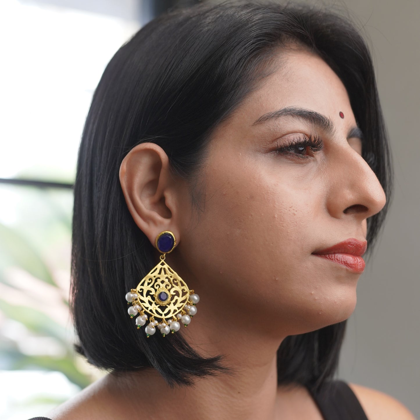 Blue Pearl Gold Fashion Statement Earring