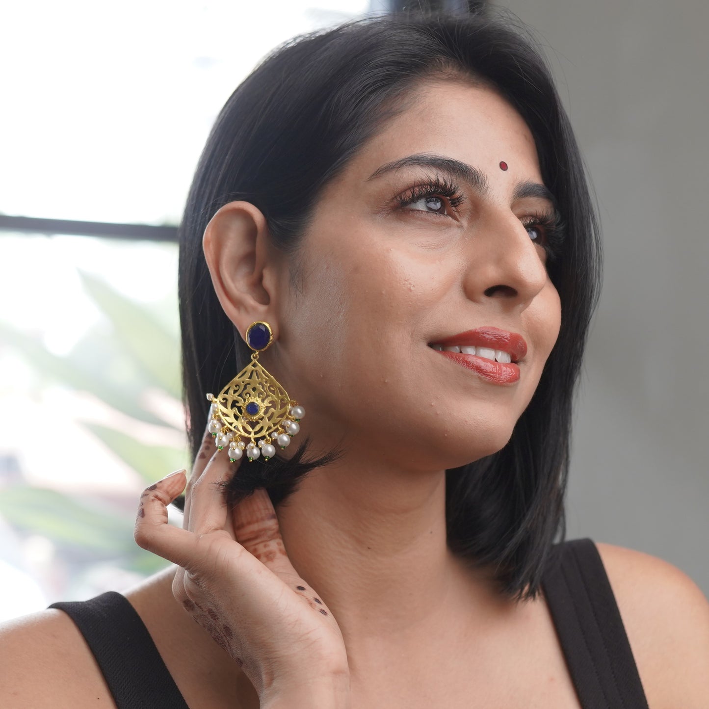 Blue Pearl Gold Fashion Statement Earring