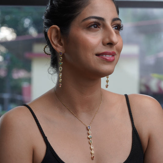 Multi Color Droplet Stone Fashion Statement Necklace Set - Anti Tarnish