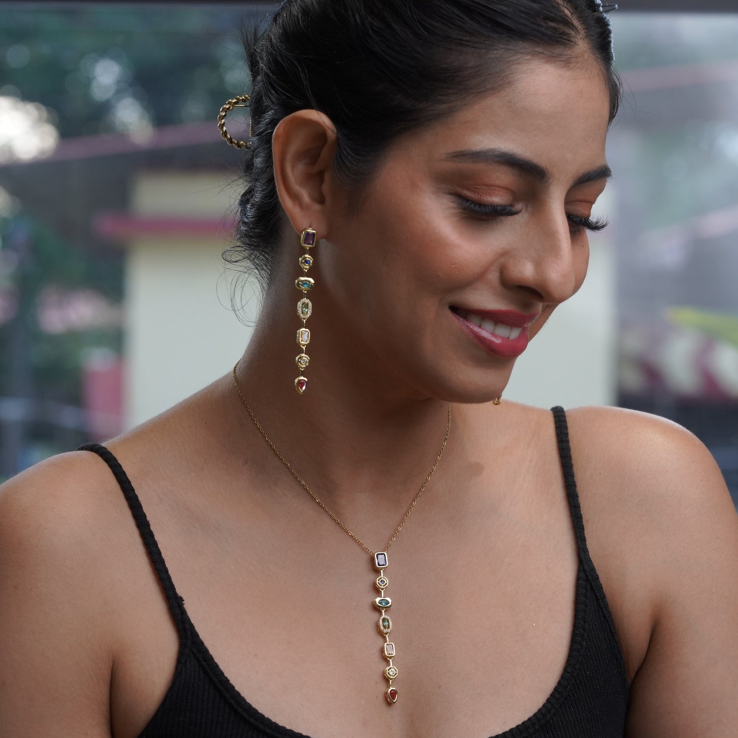 Multi Color Droplet Stone Fashion Statement Necklace Set - Anti Tarnish