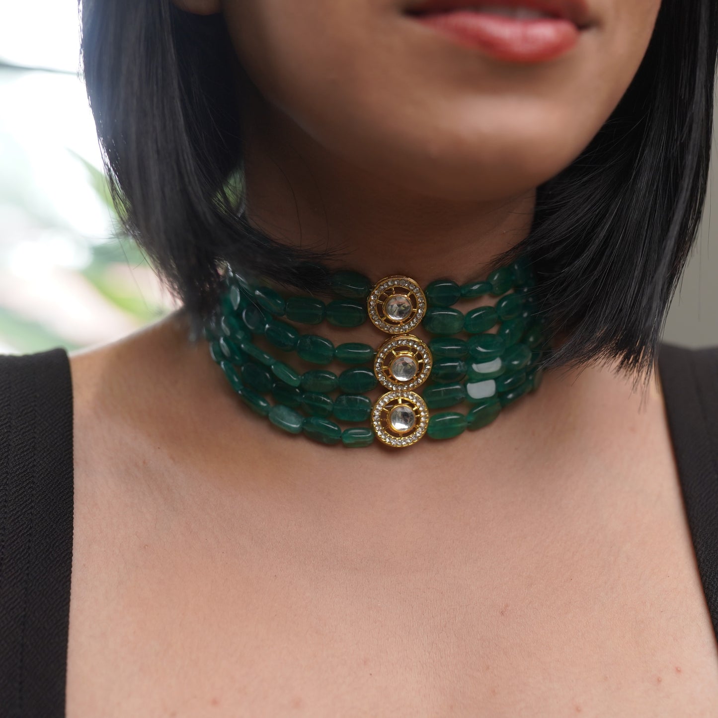Jade Green Onyx Kundan Choker Necklace F3