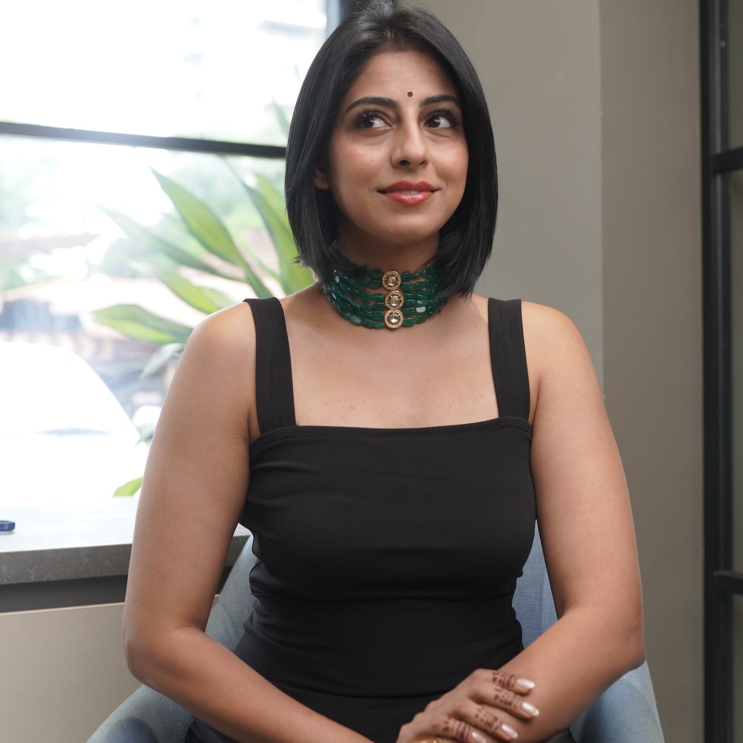 Jade Green Onyx Kundan Choker Necklace F3