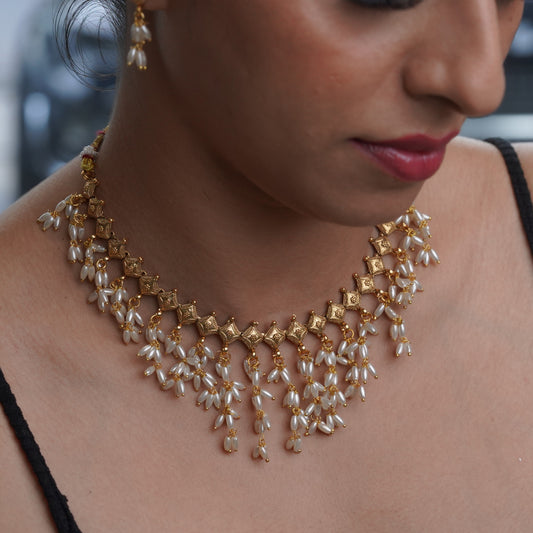 Pearl Petal Gold Choker & Earring Set