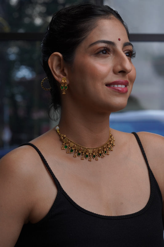 Emerald Coin Temple Choker & Earring Set