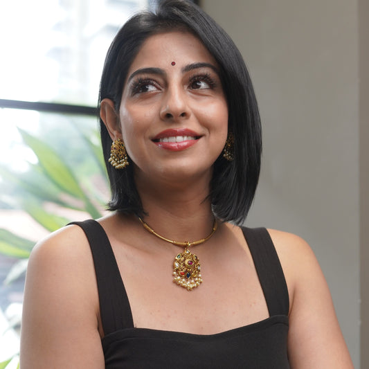 Navrathna Pendant Set With Multi - Color and Pearls Necklace Jewelry Set