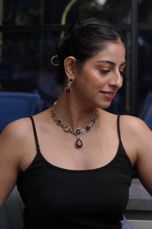 Multicolour Gemstone Teardrop Necklace & Earring Set