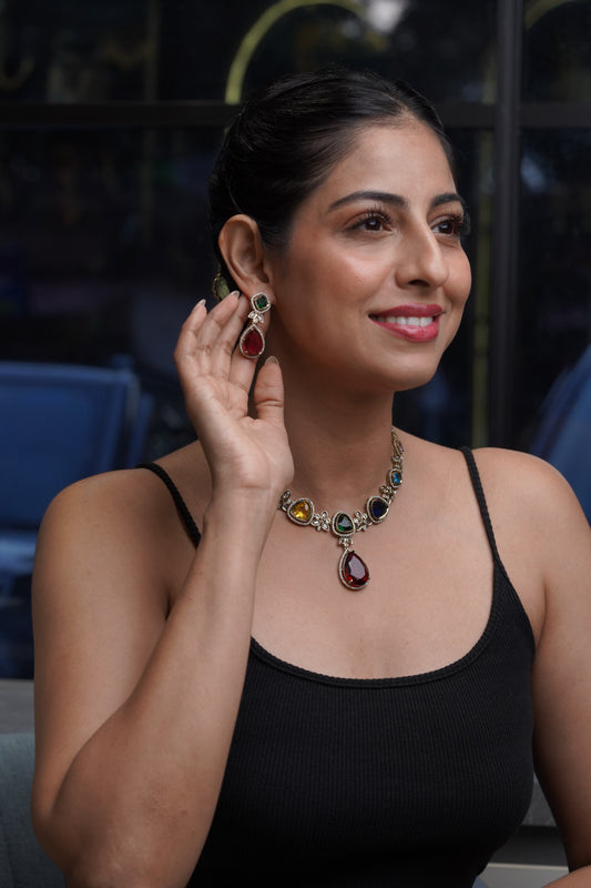 Multicolour Gemstone Teardrop Necklace & Earring Set