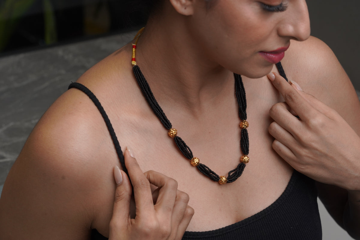 Classic Black Beaded Mangalsutra Necklace with Gold Accents
