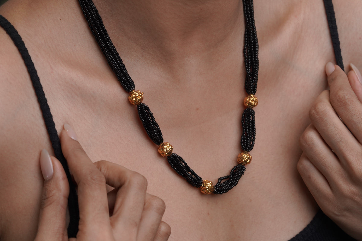 Classic Black Beaded Mangalsutra Necklace with Gold Accents