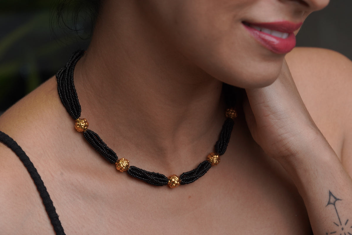 Classic Black Beaded Mangalsutra Necklace with Gold Accents