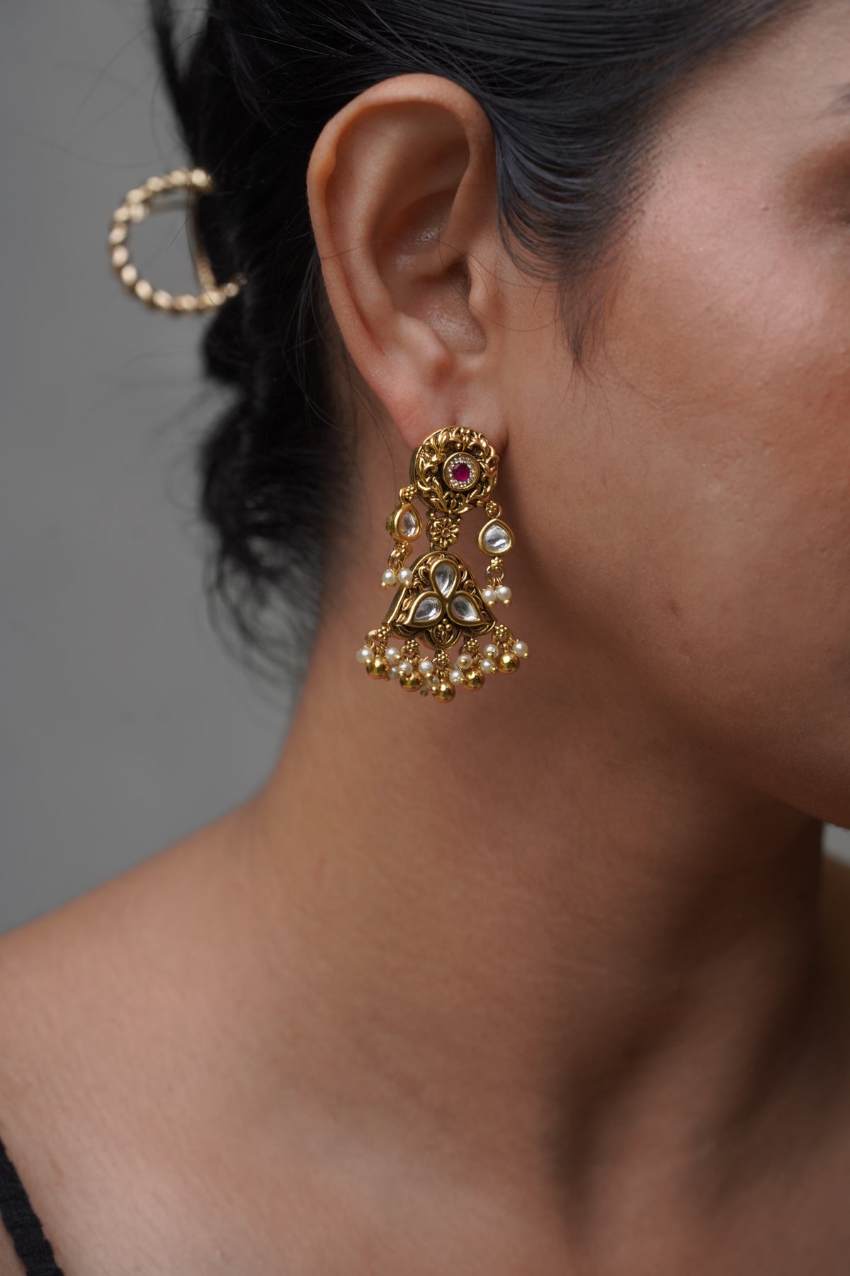 Antique Gold Floral Jhumka Earrings with Ruby & Pearl Drops