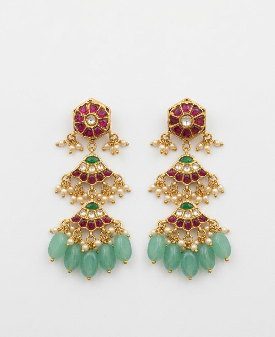 Maharani Kundan & Ruby Jhumka Earrings with Green Onyx Beads