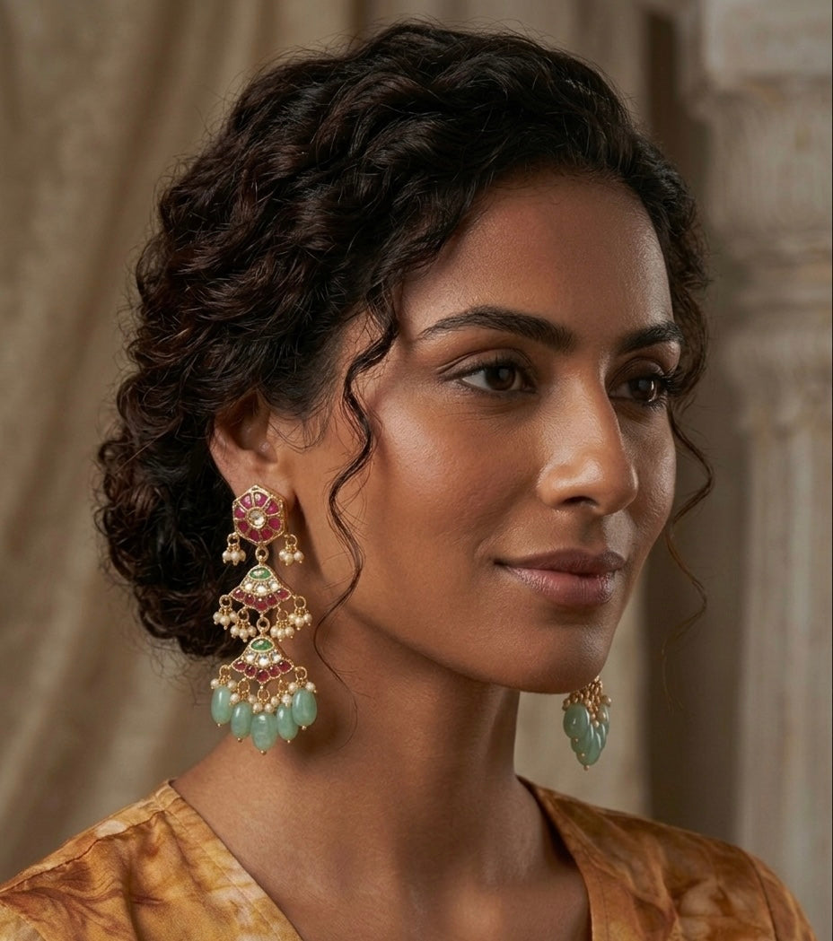 Maharani Kundan & Ruby Jhumka Earrings with Green Onyx Beads