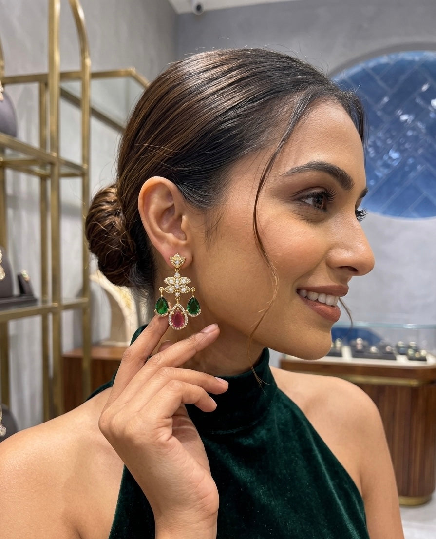 Exquisite Gold and Gemstone Dangle Earrings