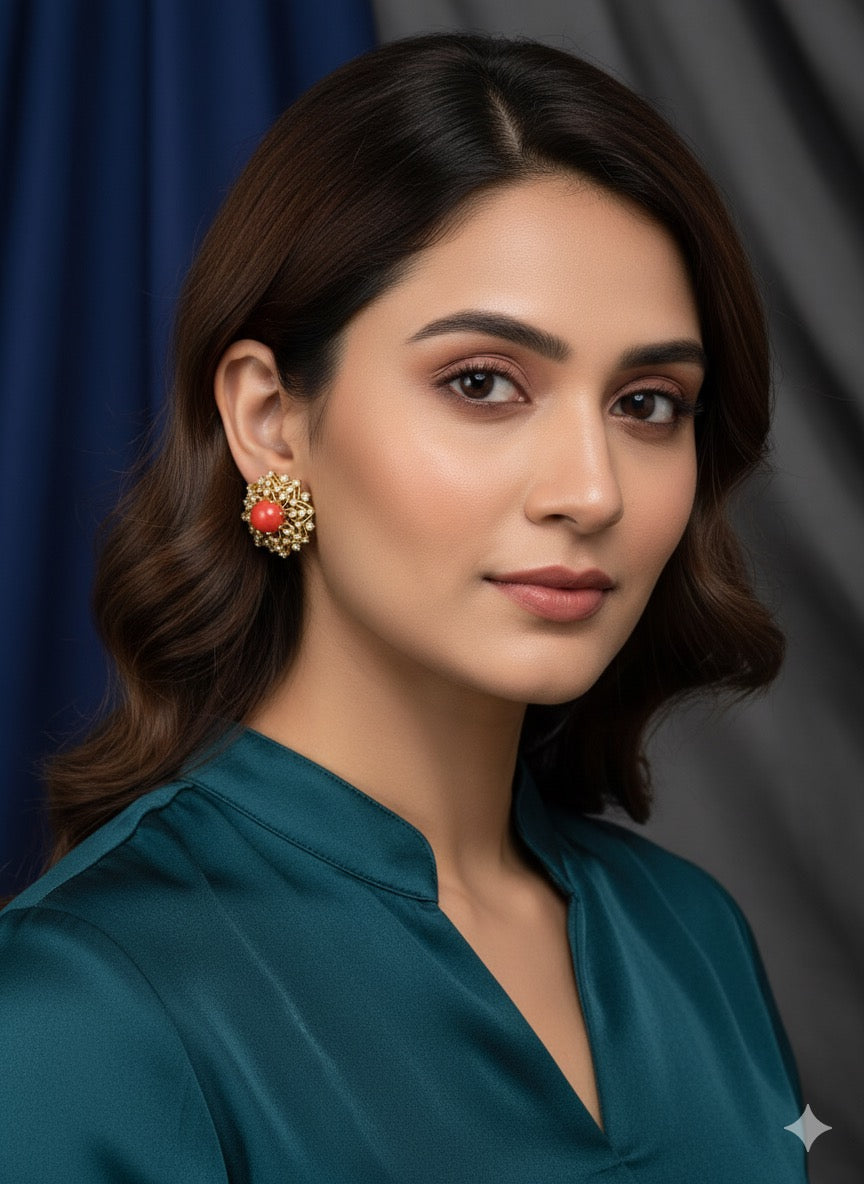 Coral Zircon Diamond Stud Earring