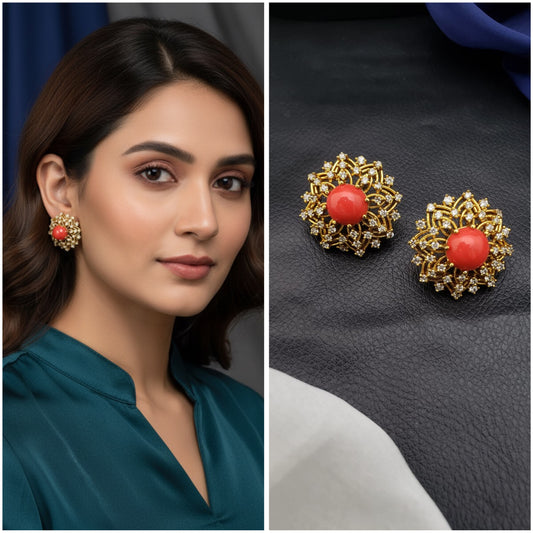 Coral Zircon Diamond Stud Earring