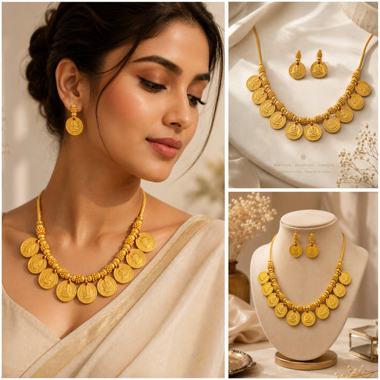 Lakshmi Coin Temple Necklace Set – Antique Gold Finish Traditional Jewelry