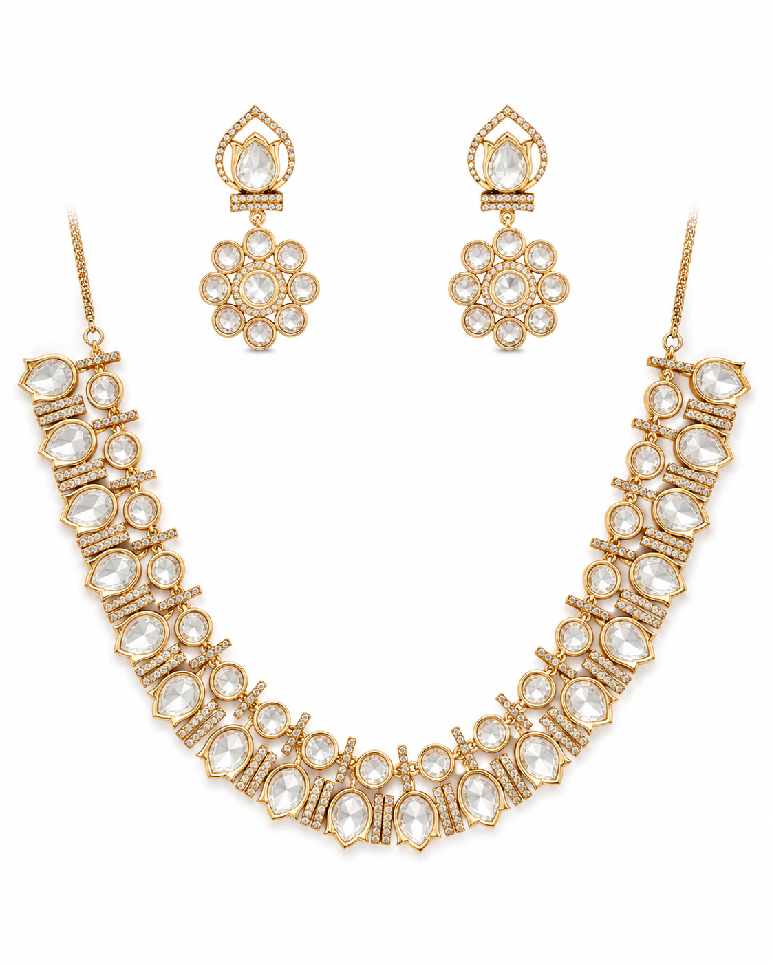 Rose Gold Kundan Crystal Necklace Set with Statement Earrings