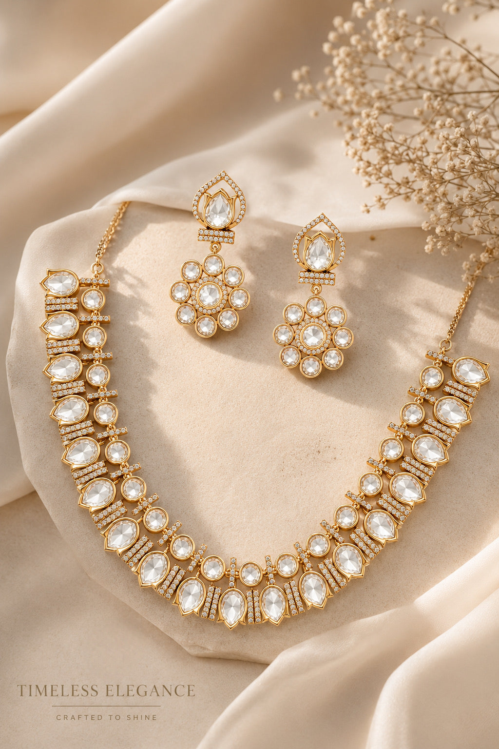 Rose Gold Kundan Crystal Necklace Set with Statement Earrings