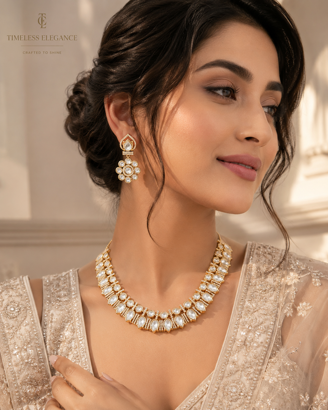 Rose Gold Kundan Crystal Necklace Set with Statement Earrings