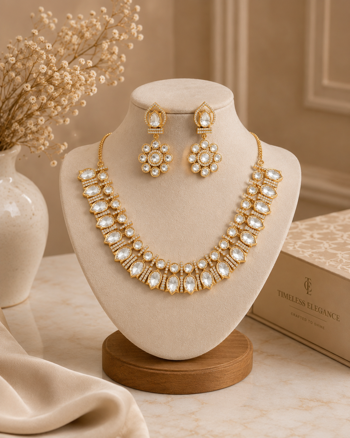 Rose Gold Kundan Crystal Necklace Set with Statement Earrings