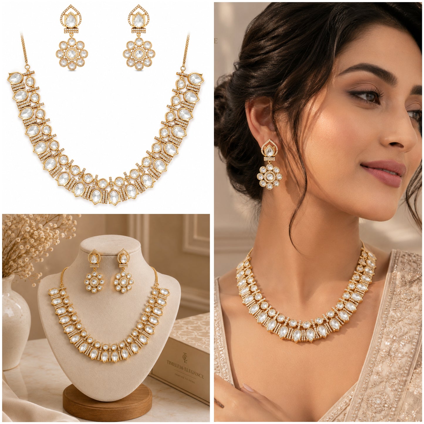 Rose Gold Kundan Crystal Necklace Set with Statement Earrings