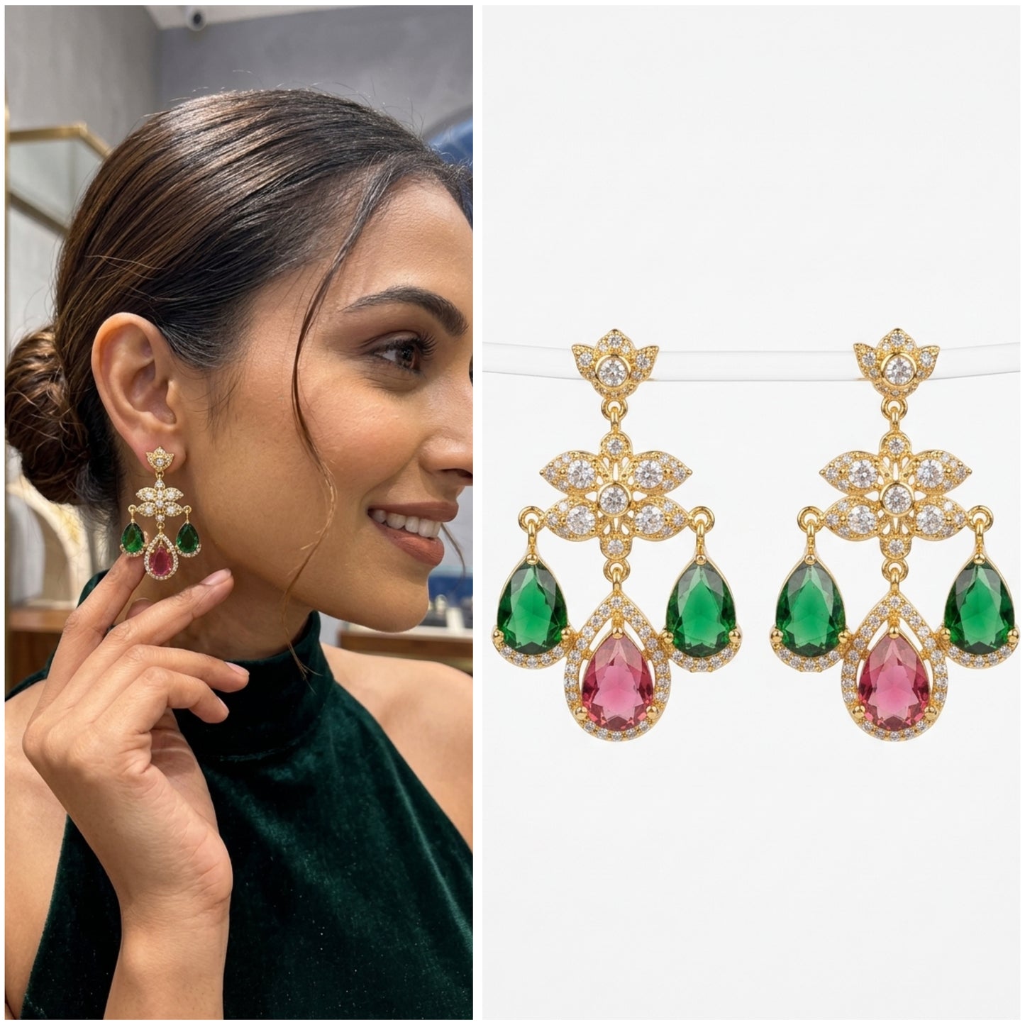 Exquisite Gold and Gemstone Dangle Earrings