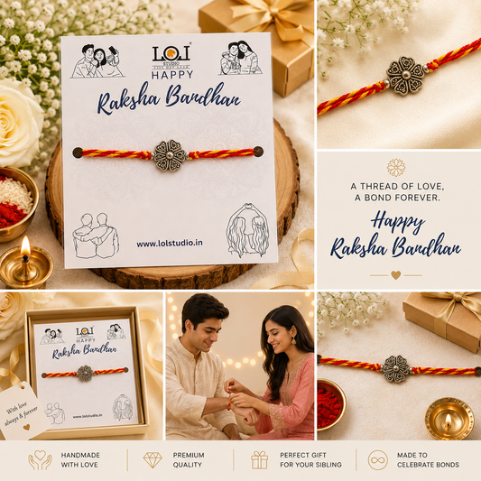 Premium Floral Clover Designer Rakhi for Brother | Antique Silver Finish Handcrafted Rakhi | Raksha Bandhan Special | LOLSTUDIO