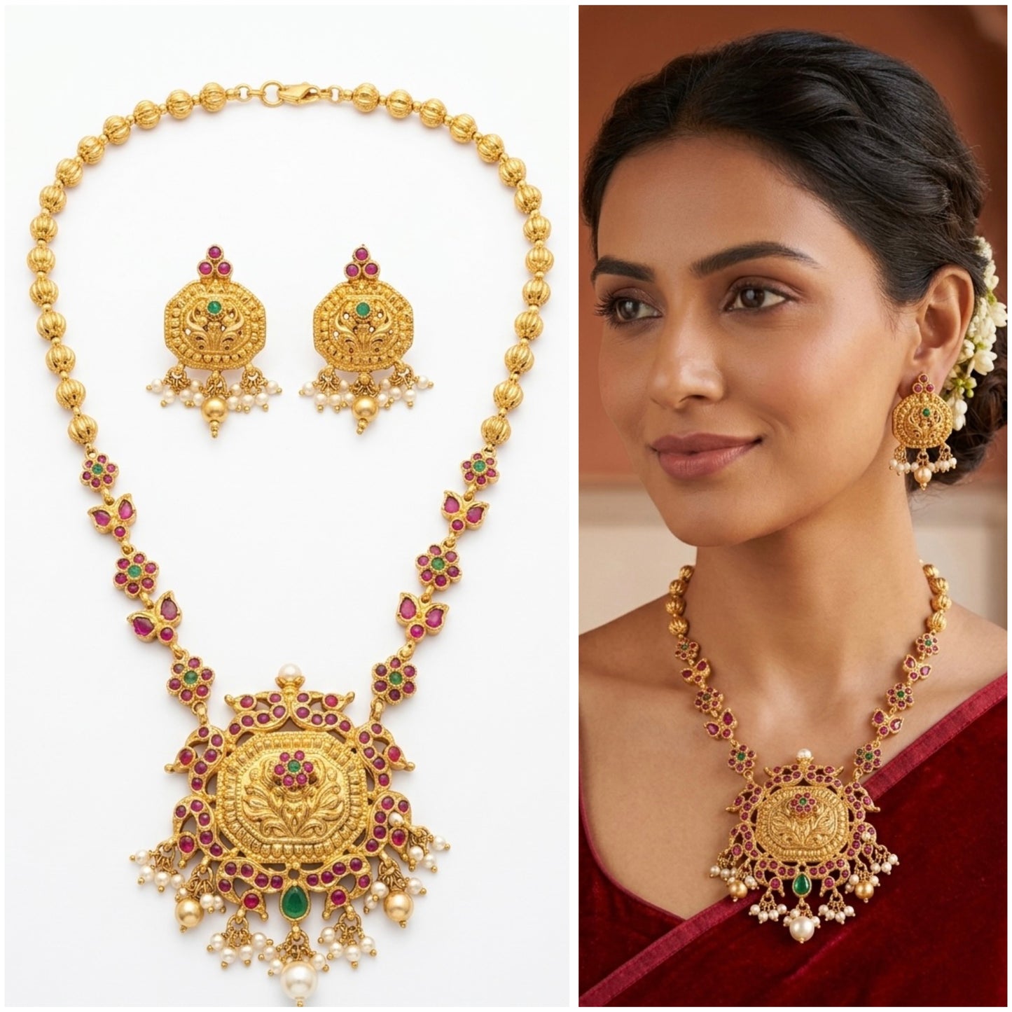 Traditional Kemp & Pearl Temple Jewelry Set with Ruby and Emerald Accents - LOLSTUDIO