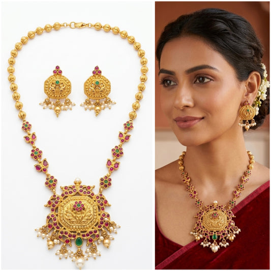 Traditional Kemp & Pearl Temple Jewelry Set with Ruby and Emerald Accents - LOLSTUDIO