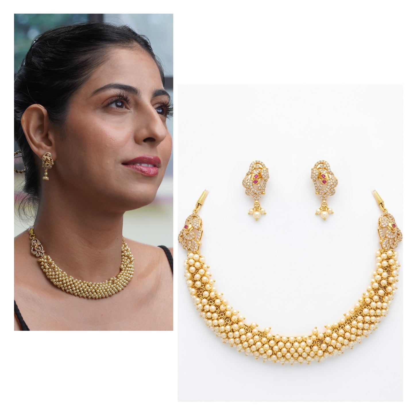 Exquisite Pearl Choker Necklace & Earring Set with Rubies & Diamonds | by LOLSTUDIO