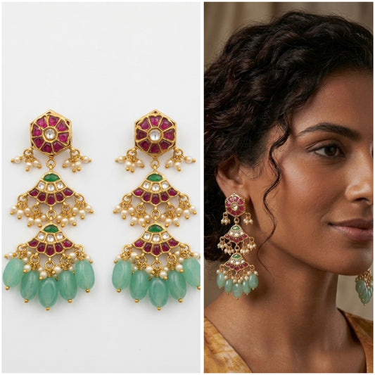 Maharani Kundan & Ruby Jhumka Earrings with Green Onyx Beads