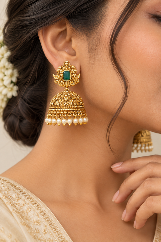 Emerald Temple Jhumka Earrings