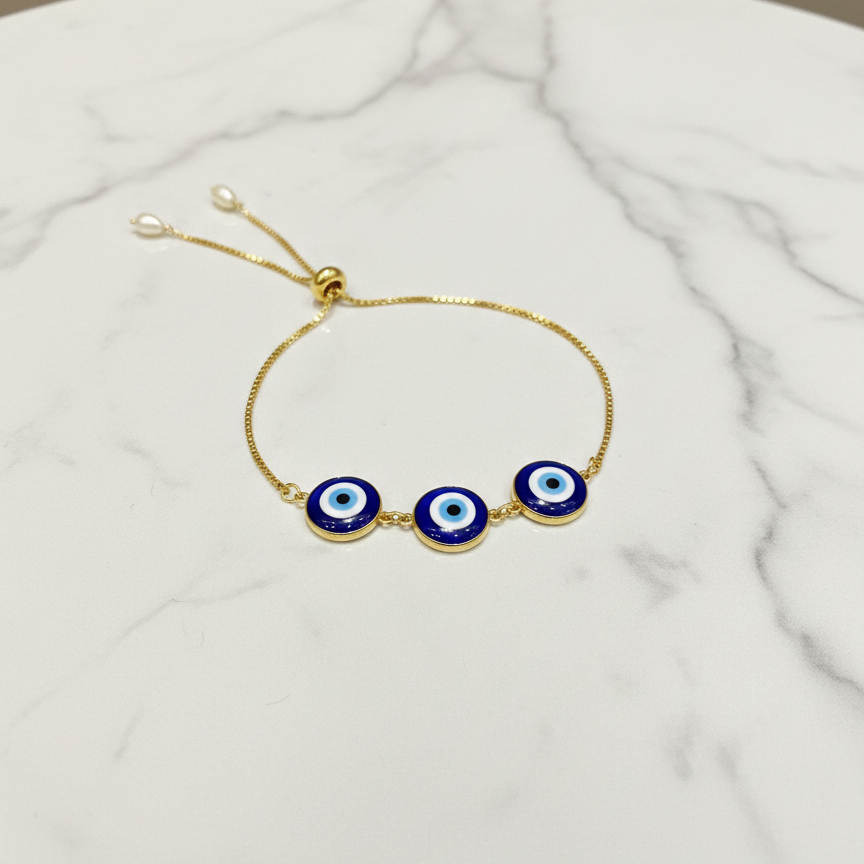 Triple Evil Eye Adjustable Bracelet – Gold Finish
