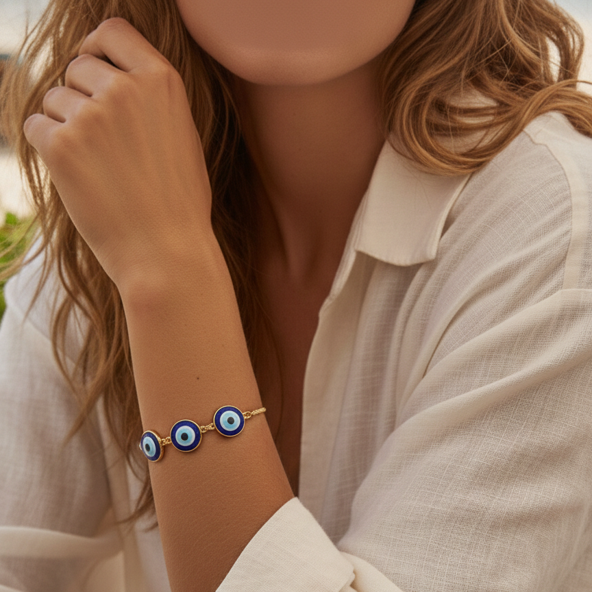 Triple Evil Eye Adjustable Bracelet – Gold Finish