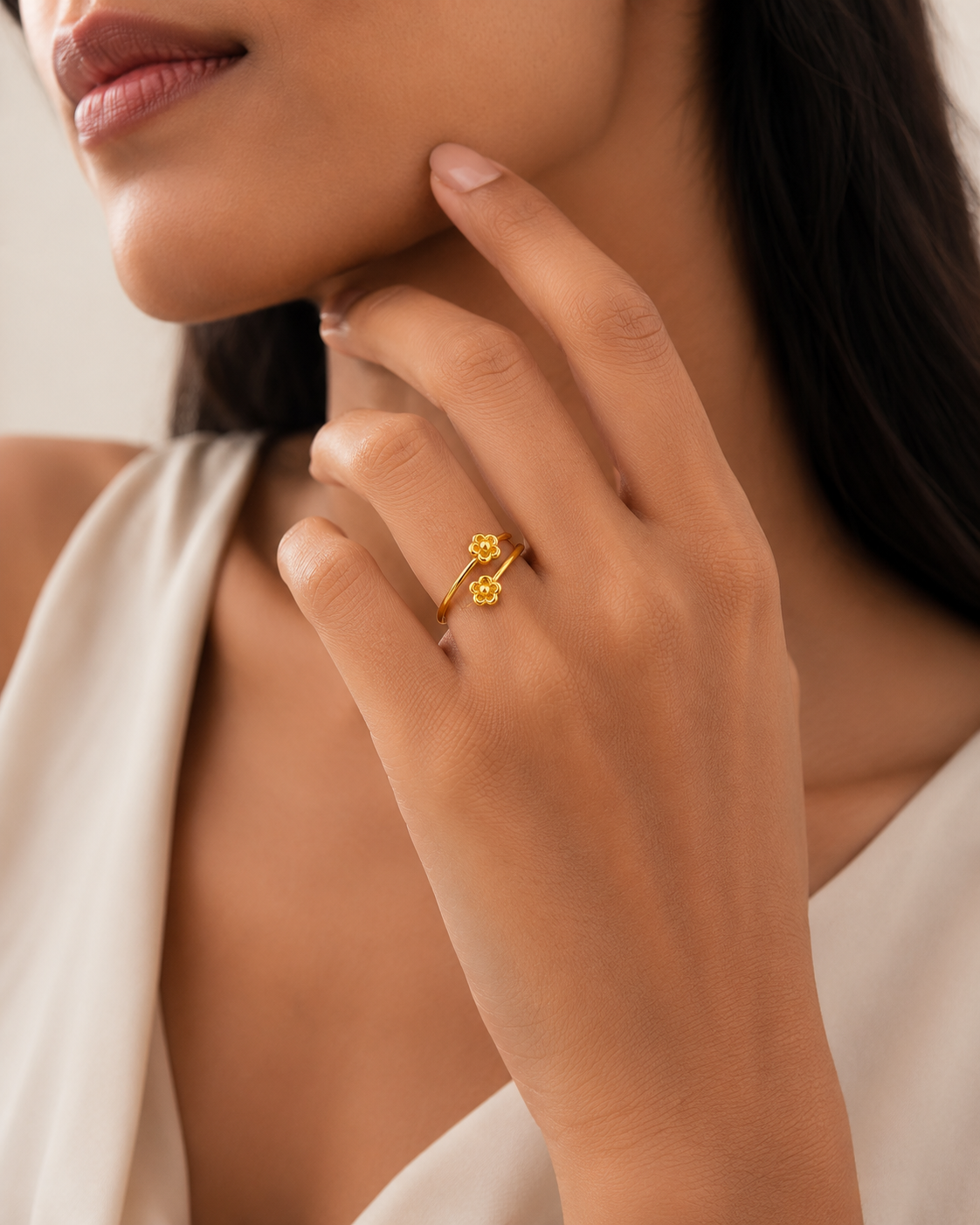 Bloom Open Floral Gold Ring (Adjustable)
