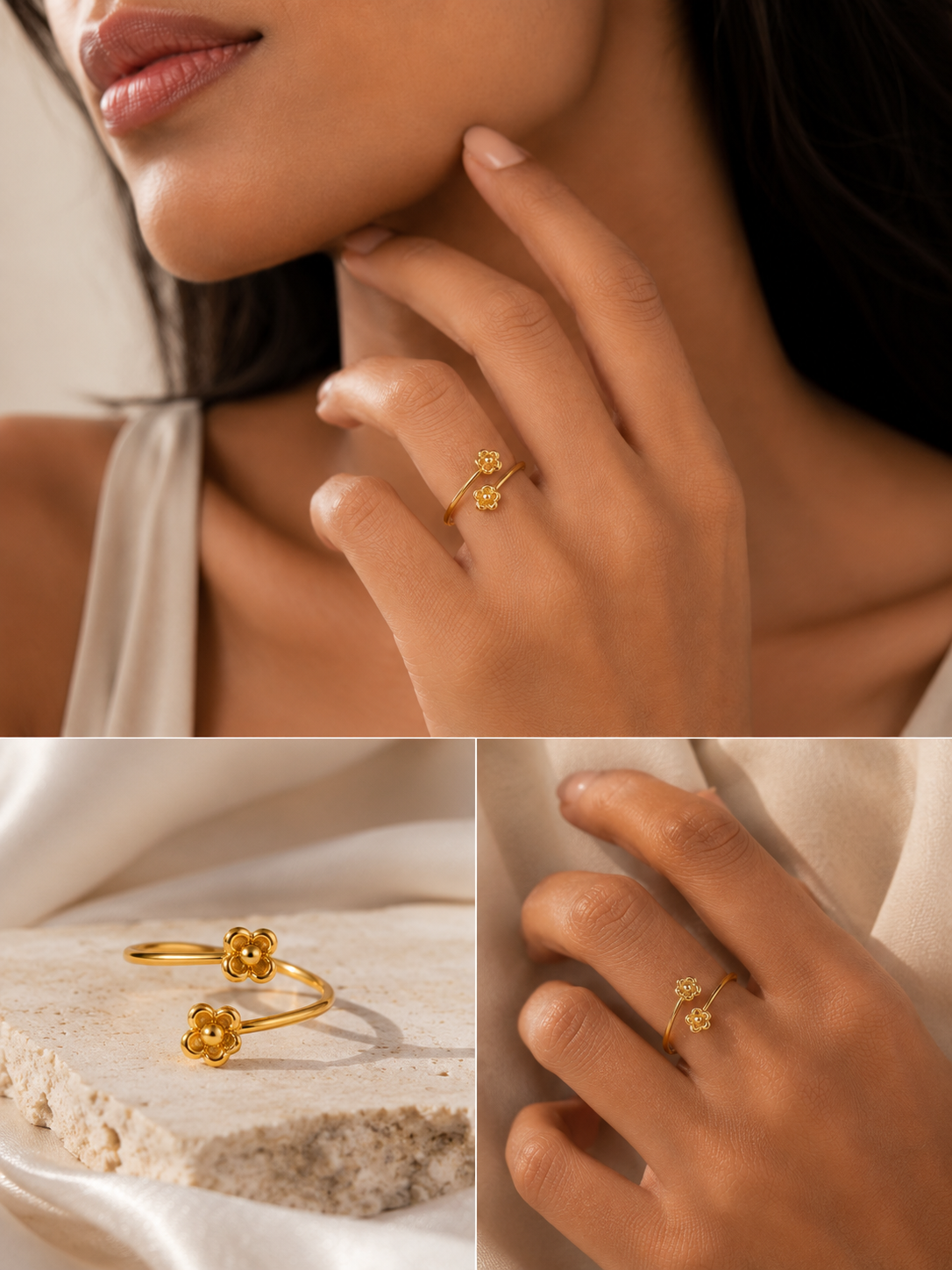 Bloom Open Floral Gold Ring (Adjustable)