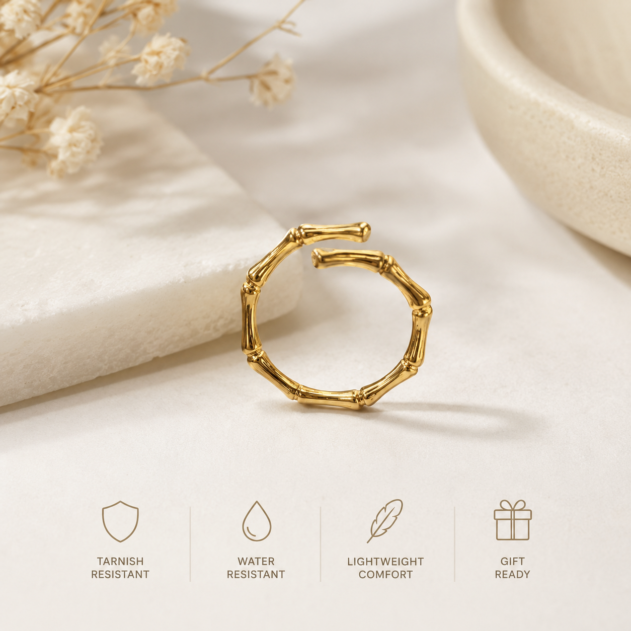Minimalist Bamboo Gold Band Ring Adjustable